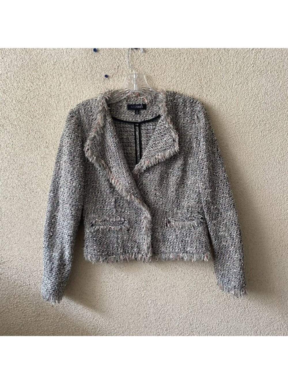 Intermix Womens Jacket Black White Fringed Tweed Blazer Frayed Evening Size 2